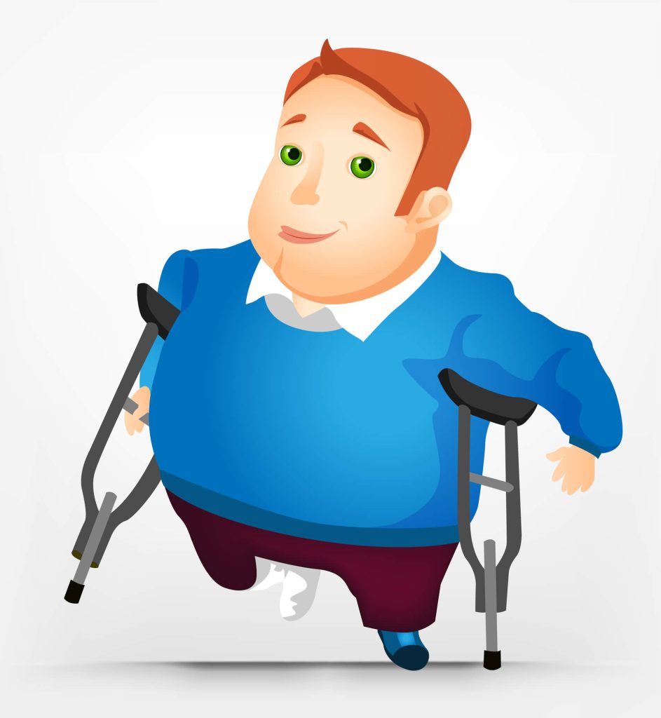 תמונת נושא של המאמר על 10 אחוז נכות לצמיתות איור מצויר של גבר בעל עודף משקל עם שיער ג'ינג'י ועיניים ירוקות מחייך הוא לובש סוודר כחול ומשתמש בשני קביים לתנועה.