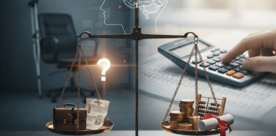 תמונת נושא של המאמר איך מחשבים אובדן כושר עבודה המציגה מאזני צדק מאוזנים ובהם צללית ראש עם מוח מואר באור כחול. בכף שמאל יש מזוודה קטנה ומסמכים ומעליהן סימן שאלה. בכף ימין יש ערימת מטבעות זהב ודיפלומה מגולגלת קשורה בסרט אדום. ברקע יש אדם לוחץ על מחשבון וגיליונות נתונים ובצד שמאל יש כסא משרדי וקביים. התמונה מייצגת ככל הנראה איזון בין קריירה ידע וערך כספי או שיקולים משפטיים וכלכליים.