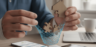 תמונת נושא של המאמר על אובדן כושר עבודה לעצמאים המציגה אדם יושב ליד שולחן משרדי עם מסמכים וטלפונים חכמים וזרועו חבושה בגבס או תחבושת לבנה. הוא מחזיק ברשת כחולה מחוברת בחוטים דיגיטליים שבה לכודים חלקי פאזל בצורת בית ושני חלקים רגילים. התמונה משדרת ככל הנראה רעיונות הקשורים לאבטחה הגנה חיבור דיגיטלי או פתרון בעיות וניהול נכסים כמו בית. ברקע יש מחשב נייד וכוס קפה.