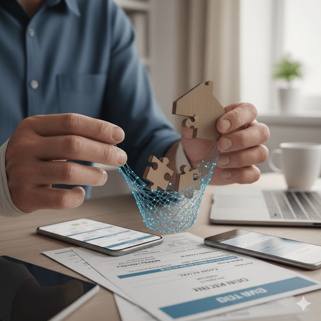 תמונת נושא של המאמר על אובדן כושר עבודה לעצמאים המציגה אדם יושב ליד שולחן משרדי עם מסמכים וטלפונים חכמים וזרועו חבושה בגבס או תחבושת לבנה. הוא מחזיק ברשת כחולה מחוברת בחוטים דיגיטליים שבה לכודים חלקי פאזל בצורת בית ושני חלקים רגילים. התמונה משדרת ככל הנראה רעיונות הקשורים לאבטחה הגנה חיבור דיגיטלי או פתרון בעיות וניהול נכסים כמו בית. ברקע יש מחשב נייד וכוס קפה.