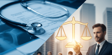 תמונת נושא של המאמר על עורך דין לתביעות נזקי גוף המציגה קומפוזיציה המשלבת שני עולמות, כאשר בחלק העליון השמאלי נראים סטטוסקופ, מסמכים רפואיים וצילום רנטגן בגוונים כחולים, ובחלק התחתון הימני מופיע עורך דין בחליפה המצביע על סמל מאזני צדק מוזהבים ומוארים. ברקע עומדת קבוצת אנשים המייצגת נפגעים, ביניהם גבר עם יד חבושה ואנשים הנעזרים במקלות הליכה, על רקע נוף עירוני של גורדי שחקים, מה שממחיש את הקשר שבין רשלנות רפואית או פגיעות גוף לבין המאבק המשפטי לקבלת פיצויים.