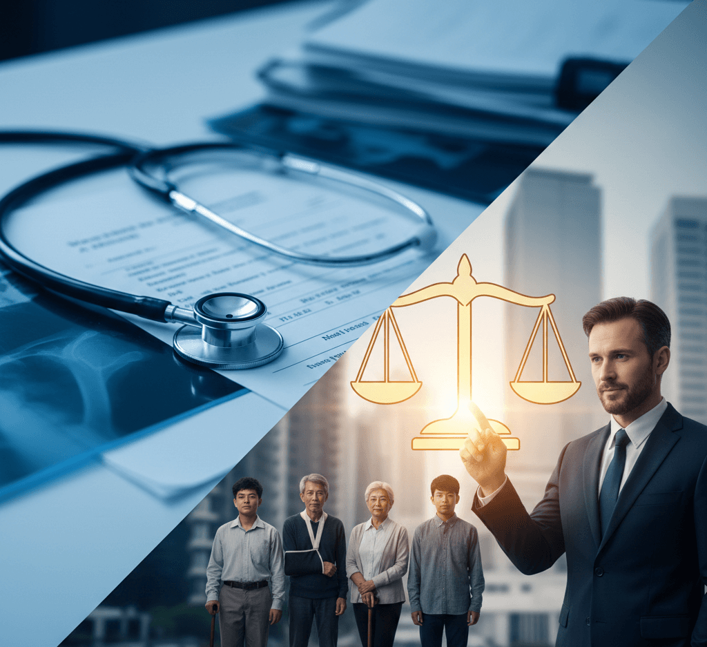 תמונת נושא של המאמר על עורך דין לתביעות נזקי גוף המציגה קומפוזיציה המשלבת שני עולמות, כאשר בחלק העליון השמאלי נראים סטטוסקופ, מסמכים רפואיים וצילום רנטגן בגוונים כחולים, ובחלק התחתון הימני מופיע עורך דין בחליפה המצביע על סמל מאזני צדק מוזהבים ומוארים. ברקע עומדת קבוצת אנשים המייצגת נפגעים, ביניהם גבר עם יד חבושה ואנשים הנעזרים במקלות הליכה, על רקע נוף עירוני של גורדי שחקים, מה שממחיש את הקשר שבין רשלנות רפואית או פגיעות גוף לבין המאבק המשפטי לקבלת פיצויים.