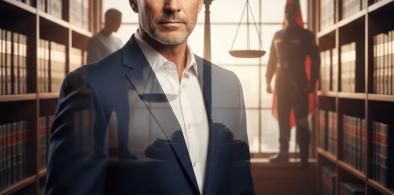 תמונת נושא של המאמר עורך דין נזקי גוף המציגה גבר מרשים בחליפה כחולה כהה וחולצה לבנה עומד במרכז ספרייה משפטית רחבת ידיים המלאה במדפי ספרים עמוסים. על גבי דמותו וברקע משולבים אלמנטים שקופים למחצה של מאזני צדק ודמויות מטושטשות, אחת מהן נראית כחייל או שוטר במדים ליד דגל, מה שמעניק ליצירה אווירה רצינית וסמכותית הקשורה לעולם החוק והמשפט.