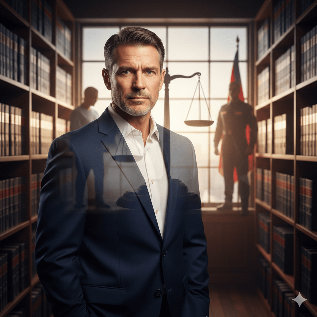 תמונת נושא של המאמר עורך דין נזקי גוף המציגה גבר מרשים בחליפה כחולה כהה וחולצה לבנה עומד במרכז ספרייה משפטית רחבת ידיים המלאה במדפי ספרים עמוסים. על גבי דמותו וברקע משולבים אלמנטים שקופים למחצה של מאזני צדק ודמויות מטושטשות, אחת מהן נראית כחייל או שוטר במדים ליד דגל, מה שמעניק ליצירה אווירה רצינית וסמכותית הקשורה לעולם החוק והמשפט.