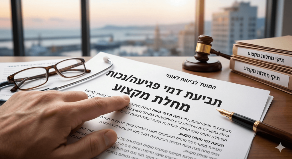 תמונת נושא של המאמר על תביעת מחלת מקצוע המציגה צילום תקריב של מסמך רשמי בעברית המונח על שולחן עבודה שכותרתו תביעת דמי פגיעה נכות מחלת מקצוע מטעם המוסד לביטוח לאומי כאשר יד של גבר מצביעה על הטקסט ולצדו מונחים עט נובע יוקרתי משקפי ראייה וסטטוסקופ רפואי וברקע נראים פטיש שופטים מעץ קלסרים עם הכיתוב תיקי מחלות מקצוע וחלון גדול המשקיף לנוף עירוני של נמל וים בשעת דמדומים מה שמדגיש את החיבור בין ההיבט הרפואי להליך המשפטי.