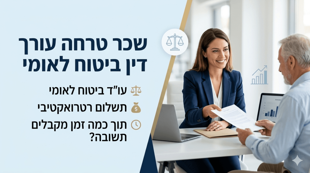 תמונה שיווקית המחולקת לשני חלקים כאשר בצד ימין נראית עורכת דין מחייכת בחליפה כחולה המגישה מסמך לגבר מבוגר היושב מולה במשרד מואר ובצד שמאל מופיע טקסט בולט בעברית על רקע תכלת תחת הכותרת שכר טרחה עורך דין ביטוח לאומי לצד רשימה הכוללת התייחסות לעורך דין ביטוח לאומי תשלום רטרואקטיבי ושאלה לגבי זמן ההמתנה לתשובה בתוספת אייקונים של מאזני צדק שק כסף ושעון.