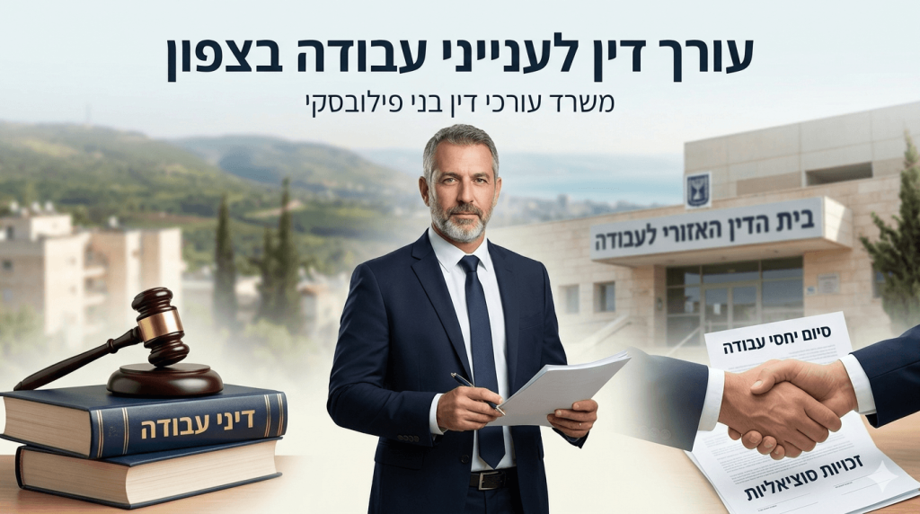 כרזה פרסומית המציגה עורך דין גבר בעל שיער מאפיר וזקן הלבוש בחליפה כחולה ועניבה כשהוא עומד במרכז ומחזיק מסמכים ועט על רקע נוף גבעות ירוק ומבנה של בית הדין האזורי לעבודה מצד שמאל מופיעים פטיש שופט המונח על ספרים שעליהם הכיתוב דיני עבודה ומצד ימין איור של לחיצת ידיים מעל מסמכים עם הכיתובים סיום יחסי עבודה וזכויות סוציאליות בחלק העליון של התמונה מופיע טקסט גדול ובולט בעברית המציין עורך דין לענייני עבודה בצפון ותחתיו הכיתוב משרד עורכי דין בני פילובסקי כשהקומפוזיציה כולה משדרת מקצועיות וסמכותיות בתחום המשפטי