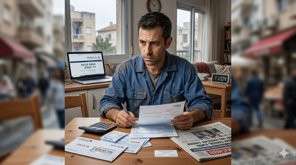 גבר בעל שיער כהה ולבוש בבגדי עבודה כחולים ומוכתמים יושב ליד שולחן עץ בחדר מגורים ומביט בריכוז ובדאגה במסמכים הפרוסים לפניו כשהוא אוחז בעט בידו האחת ובנייר בידו השנייה. על השולחן מונחים מחשבון ערימת מכתבים עם כיתובים בערבית ובעברית הכוללים את המילה אזהרה עיתון מקופל ומחשב נייד פתוח המציג אתר אינטרנט רשמי בעברית העוסק בהגשת תביעה על הלנת שכר. ברקע ניתן לראות חלון המשקיף אל רחוב עירוני ביום מעונן וכן פריטי ריהוט ביתיים כמו ספה ושעון דיגיטלי המעניקים לסצנה תחושה של התמודדות אישית עם קשיים כלכליים או משפטיים בסביבה ביתית שקטה.