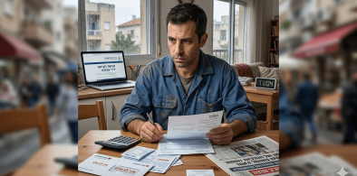 גבר בעל שיער כהה ולבוש בבגדי עבודה כחולים ומוכתמים יושב ליד שולחן עץ בחדר מגורים ומביט בריכוז ובדאגה במסמכים הפרוסים לפניו כשהוא אוחז בעט בידו האחת ובנייר בידו השנייה. על השולחן מונחים מחשבון ערימת מכתבים עם כיתובים בערבית ובעברית הכוללים את המילה אזהרה עיתון מקופל ומחשב נייד פתוח המציג אתר אינטרנט רשמי בעברית העוסק בהגשת תביעה על הלנת שכר. ברקע ניתן לראות חלון המשקיף אל רחוב עירוני ביום מעונן וכן פריטי ריהוט ביתיים כמו ספה ושעון דיגיטלי המעניקים לסצנה תחושה של התמודדות אישית עם קשיים כלכליים או משפטיים בסביבה ביתית שקטה.