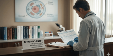רופא עומד מול דלפק במשרד רפואי ולובש חלוק מעבדה לבן וכפפות כחולות כאשר הוא מביט ומחזיק בדף נייר הנראה כתרשים רפואי וכותב עליו בעט מאחוריו על הקיר תלוי פוסטר המציג איור של תא ושלבים שונים של התפתחות סרטן ולידו מדפי ספרים עם כרכים רבים דלפק עץ ארוך משתרע לרוחב החדר ועליו שלט קטן עם הכיתוב רשלנות באבחון סרטן ומתחתיו כיתוב נוסף המציין אבחון באיחור והערכה שגויה לצד ממצאים שפוספסו ברקע הרחוק נראית כניסה למעבדה עם ציוד נוסף כמו מיקרוסקופ וצלוחיות זכוכית השעה היא שעת יום והאור נכנס מהחלונות שבצד ימין למטה מופיע לוגו כוכב קטן בצבע בהיר בפינה הימנית התחתונה של הקובץ ששמו גמיני גנרייטד אימג משלים את המראה הכללי של התמונה