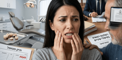 אישה מודאגת מחזיקה את פניה מוקפת במסמכים משפטיים בנושא רשלנות רפואית בטיפולי שיניים במרפאת שיניים