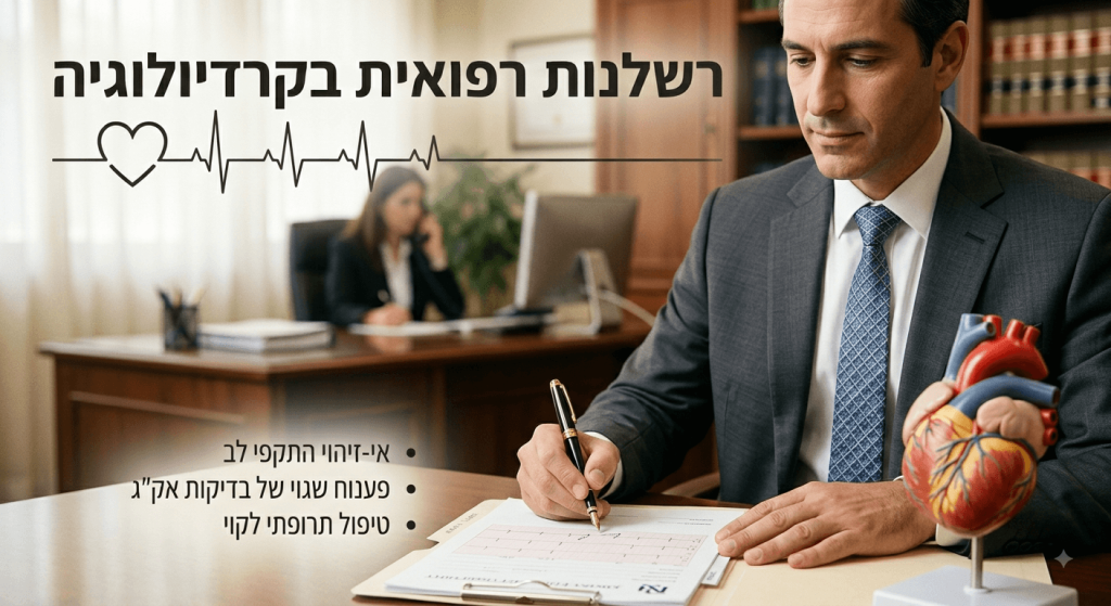 עורך דין במשרד עורך מסמכים רפואיים עם דגם הלב ורשימת מקרים של רשלנות רפואית בקרדיולוגיה כמו אי זיהוי התקפי לב ופענוח שגוי של אקג וטיפול תרופתי לקוי