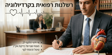 עורך דין במשרד עורך מסמכים רפואיים עם דגם הלב ורשימת מקרים של רשלנות רפואית בקרדיולוגיה כמו אי זיהוי התקפי לב ופענוח שגוי של אקג וטיפול תרופתי לקוי
